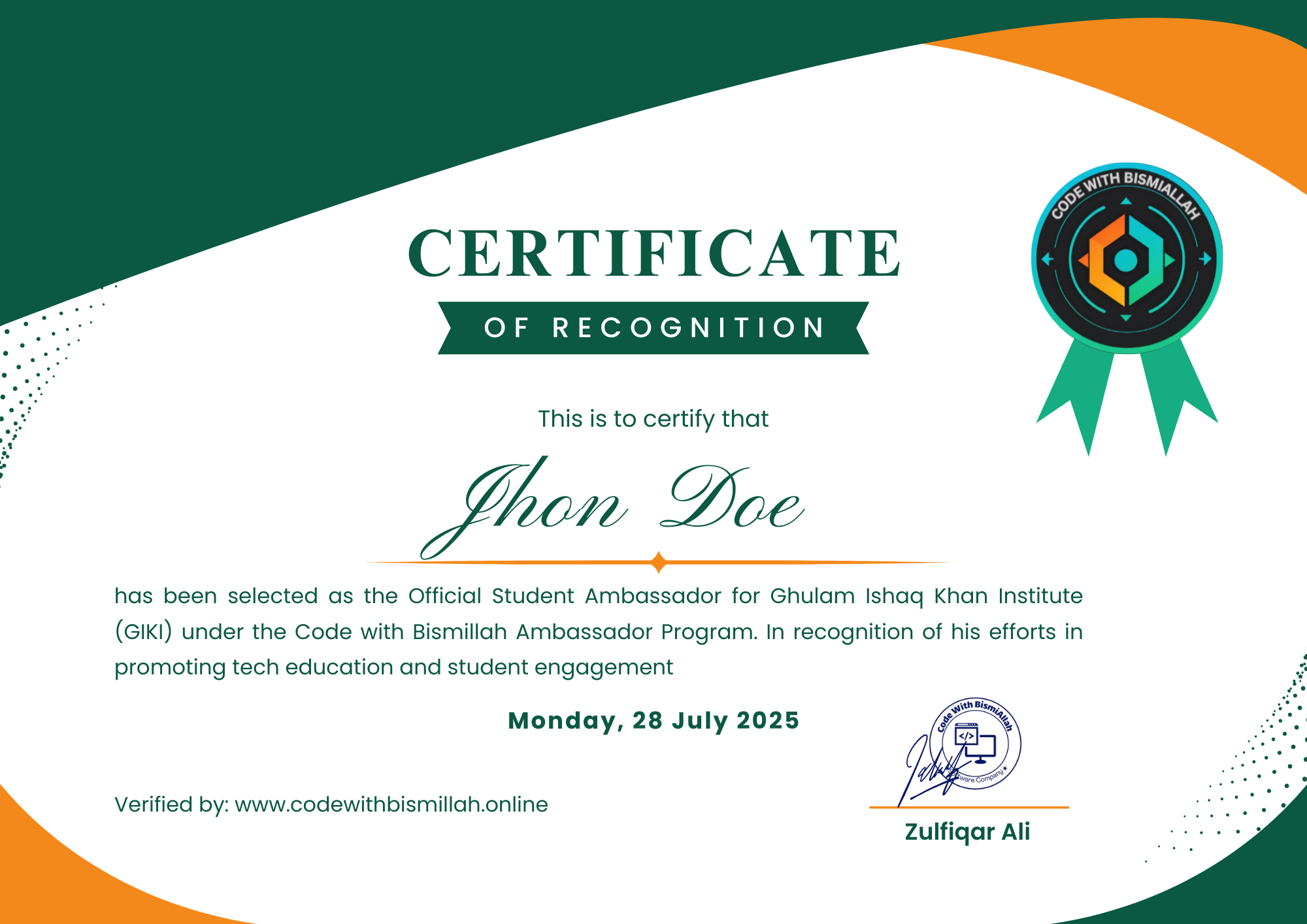 Code with Bismillah Ambassador Certificate